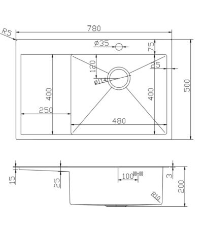 Мойка настол. монтаж 78*50 (3,0) прав. Mixline PRO 20 см (Черный графит)